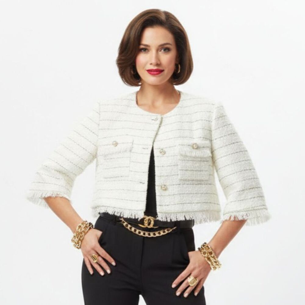 Anna & Ava Ivory Woven Button Close Cropped Jacket NEW L/XL